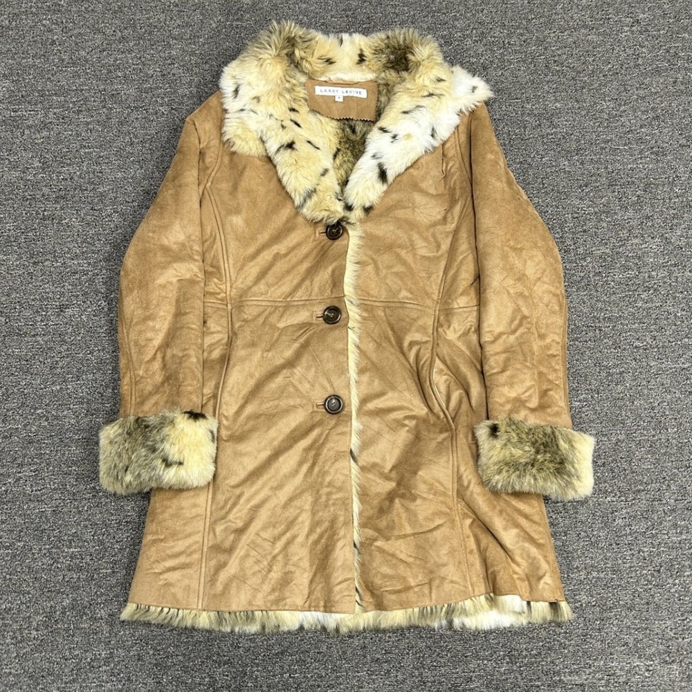 Larry Levine Faux Suede Coat Women Small Tan Faux Fur Trim Animal Print B4